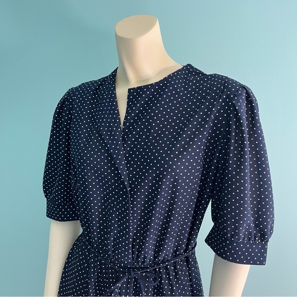 VINTAGE 70s Franky B Vintage Navy White Polka Dot Midi Dress - Picture 2 of 4